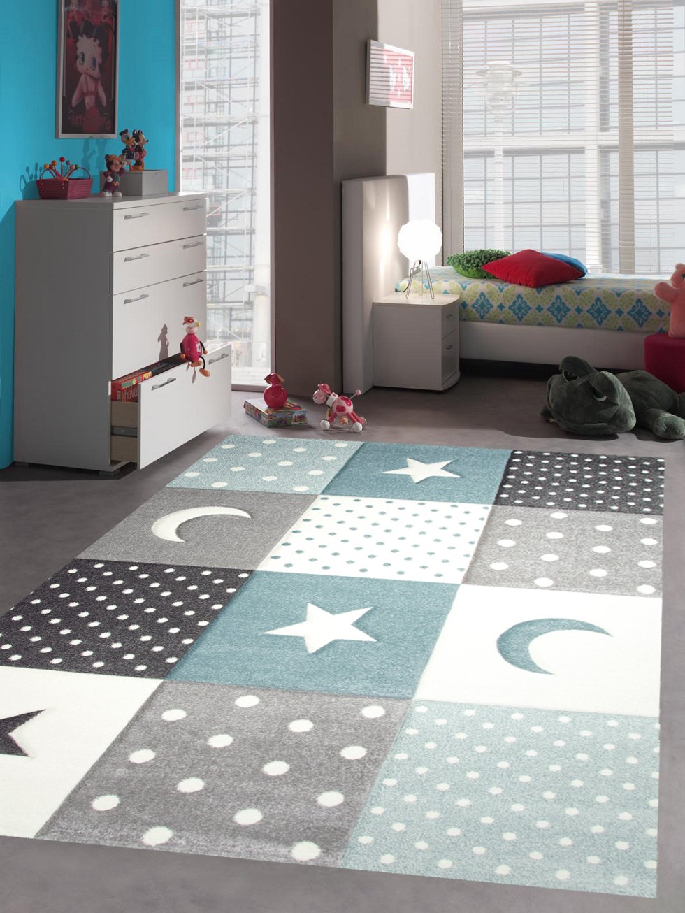 Teppich-Traum Kinderzimmer Teppich Spiel & Baby Teppich Punkte Sterne Mond Design in Blau Türkis Grau Creme Größe 120x170 cm