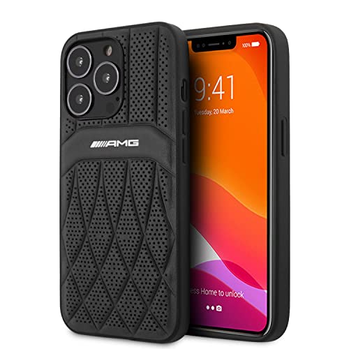 CG MOBILE AMG AMHCP13XOSDBK Schutzhülle aus echtem Leder mit perforiertem schwarzem Leder, geschwungene Linien, heißgeprägt, mit Logo, für iPhone 13 Pro Max (6,7 Zoll), Schwarz