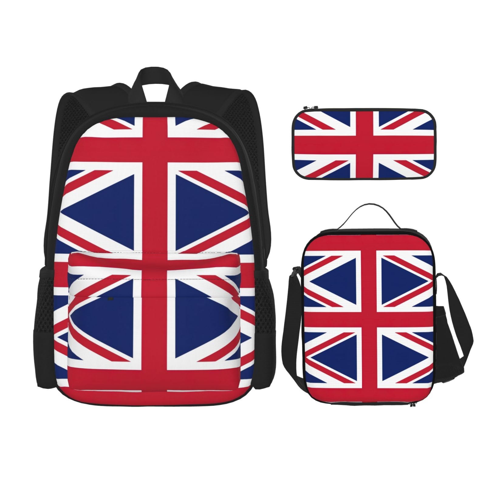 WURTON Lunchbox mit britischer Flagge, Federmäppchen, Rucksack-Set, 3-teilig, verstellbare Riemen, langlebig, leicht, Schwarz, One Size