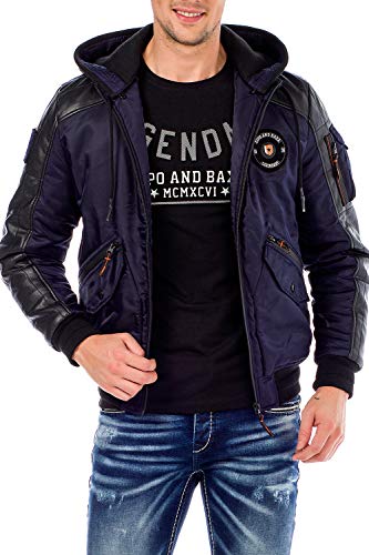 Cipo & Baxx Herren Bomberjacke College Jacke Biker Übergangsjacke Kapuze CM134 Dunkelblau S