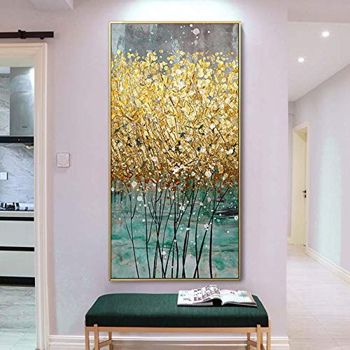 Goldene Leinwand Gemälde Abstraktes Grün Gold Poster Modernes Luxus Wandbild für Korridor Heimdekoration Drucke 50x100cm Rahmenlos