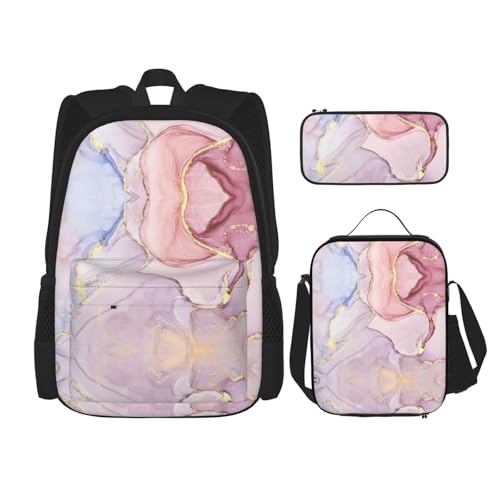 WURTON Schulterrucksack, 3-in-1, Büchertaschen-Set, Lunchbox, Federmäppchen, Reise-Laptop, Tagesrucksack, Lila und goldfarben, Schwarz, Einheitsgröße