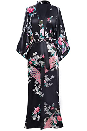 BABEYOND Damen Morgenmantel Maxi Lang Seide Satin Kimono Kleid Pfau Muster Kimono Bademantel Damen Lange Robe Schlafmantel Girl Pajama Party (Schwarz)