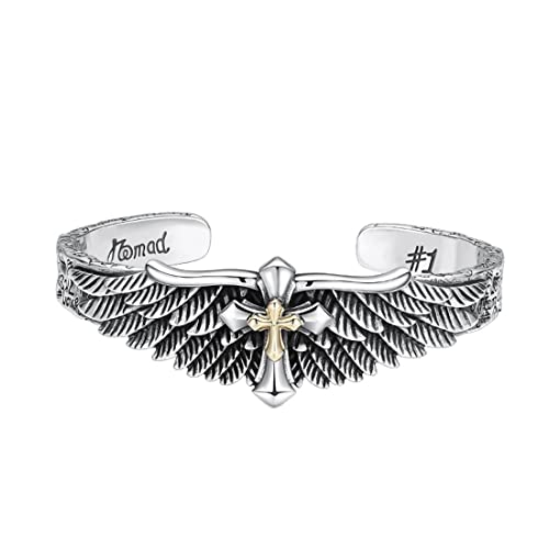 VOYADE S925 Sterling Silber Flügel Kreuz Armreif, Männer Frauen Vintage Thai Silber Kreuz Feder Offen Verstellbares Armband