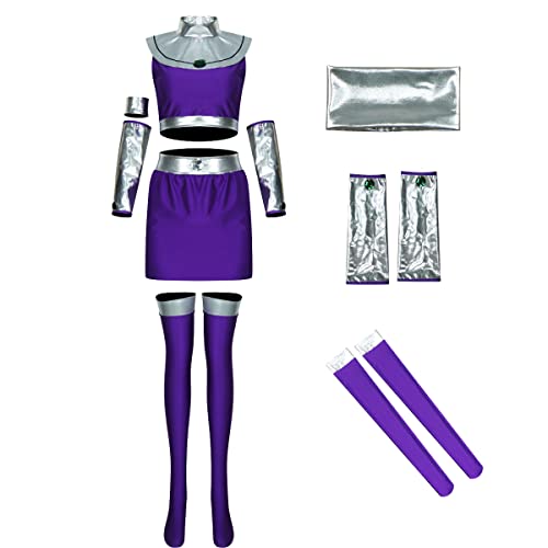 AYYOHON Superhelden-Prinzessin Koriand'r Cosplay-Kostüm, lila Outfit mit Strümpfen, bauchfreies Top, Rock, Set mit Kragen, Größe 3XL