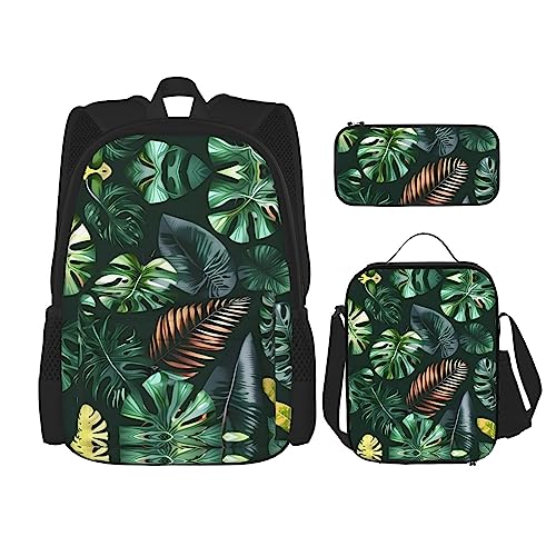 WURTON Lunchbox mit tropischen Blättern, Federmäppchen, Rucksack-Set, 3-teilig, verstellbare Riemen, langlebig, leicht, Schwarz, One Size