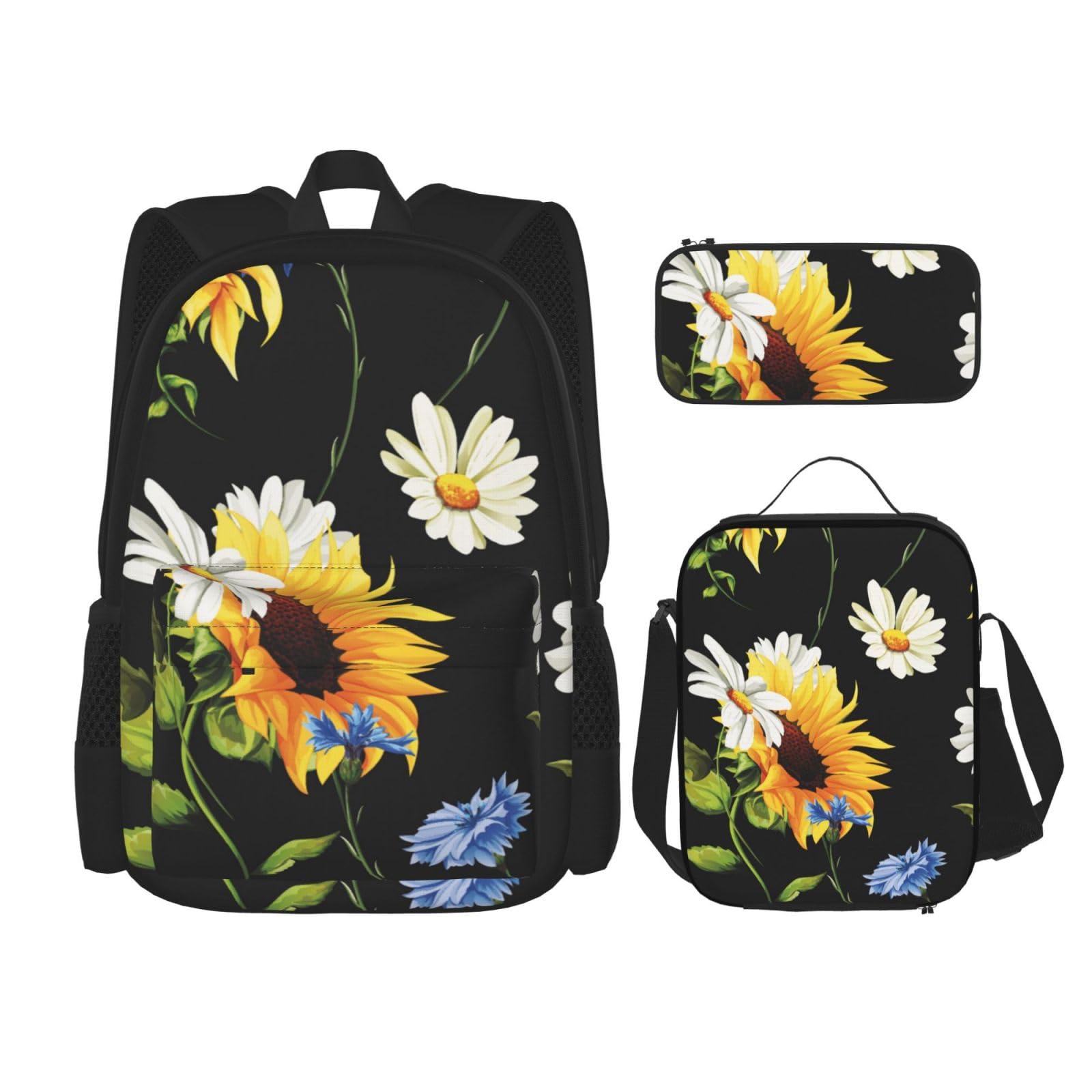 DENMER Mehrzweck-Schultasche mit Marmorstruktur, mit passendem Federmäppchen und Lunchtasche, stilvolle All-in-One-Lösung, Sonnenblumen Kamille, Einheitsgröße