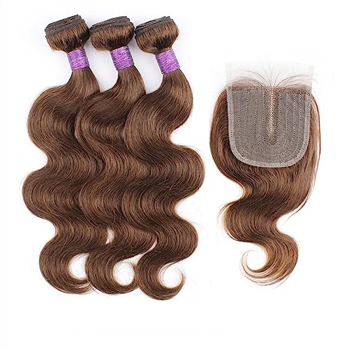 Human Hair Bundles Braunes, gewelltes Echthaar, 3 Bündel mit Verschluss, transparente Spitze, brasilianisches Remy-Haar, braunes Echthaar, gewellt, 3 Bündel mit Verschluss human hair weave (Color : 4