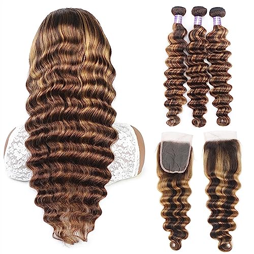 Human Hair Bundles Highlight Menschliches Haar Bundles Lose Tiefe Welle Bundles mit Verschluss 4x4 Spitze Verschluss mit Bundles Brasilianische Remy Honig blonde Bundles human hair weave(Size:18 18 18