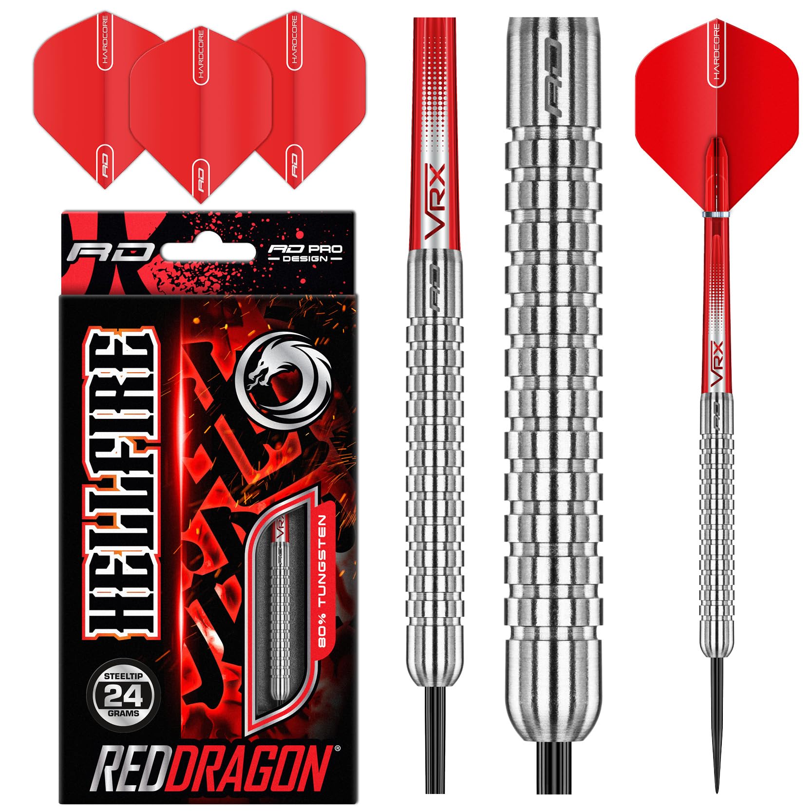 RED DRAGON Hell Fire A: Steel Dartpfeile 24 Gramm Profi Steeldarts Set, 3 x Steel Darts mit Flights und Schäfte