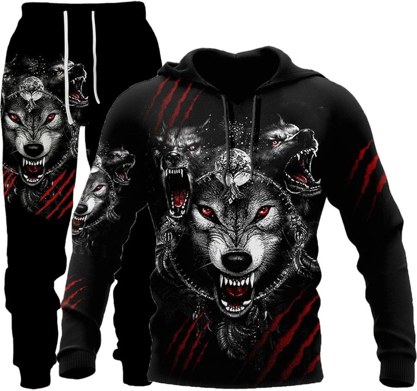 RIAAJ Unisex 3D Wolf Druck Hoodie Herren Jogginganzug Unisex Sweatshirts Hoody + Hose Sets (F6,L)