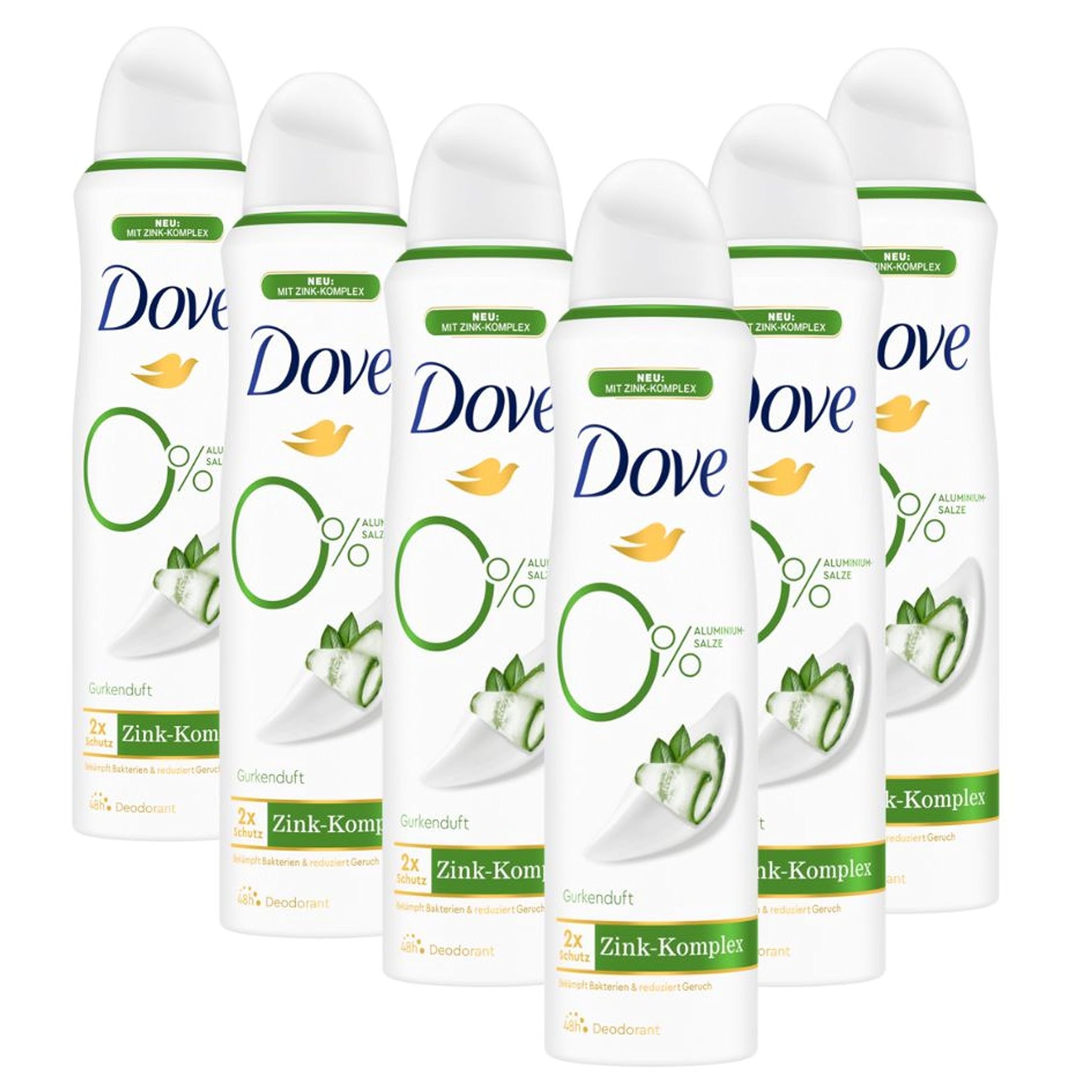 Dove Deodorant-Spray Gurkenduft Deo mit pflegendem Zink-Komplex und 0% Aluminiumsalzen 150 ml 6 Stück