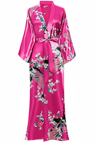 BABEYOND Damen Morgenmantel Maxi Lang Seide Satin Kimono Kleid Pfau Muster Kimono Bademantel Damen Lange Robe Schlafmantel Girl Pajama Party (Rose Rot)