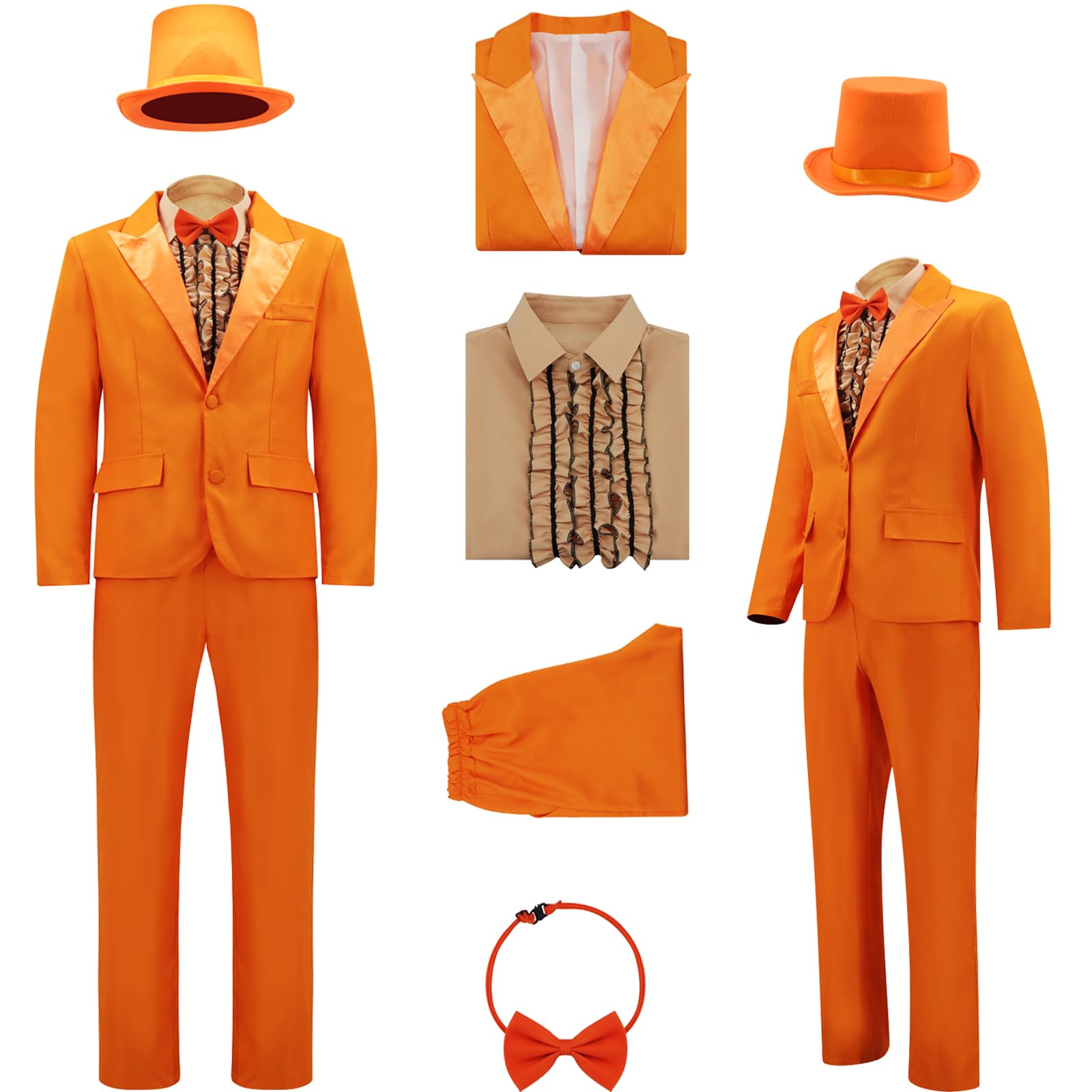 AYYOHON Harry und Lloyd Smoking-Anzug für Herren, lustiger Anzug, Dumm-Orange, Blazer, Zylinder, Fliege, Halloween, Cosplay, Kostüm, Größe XXL