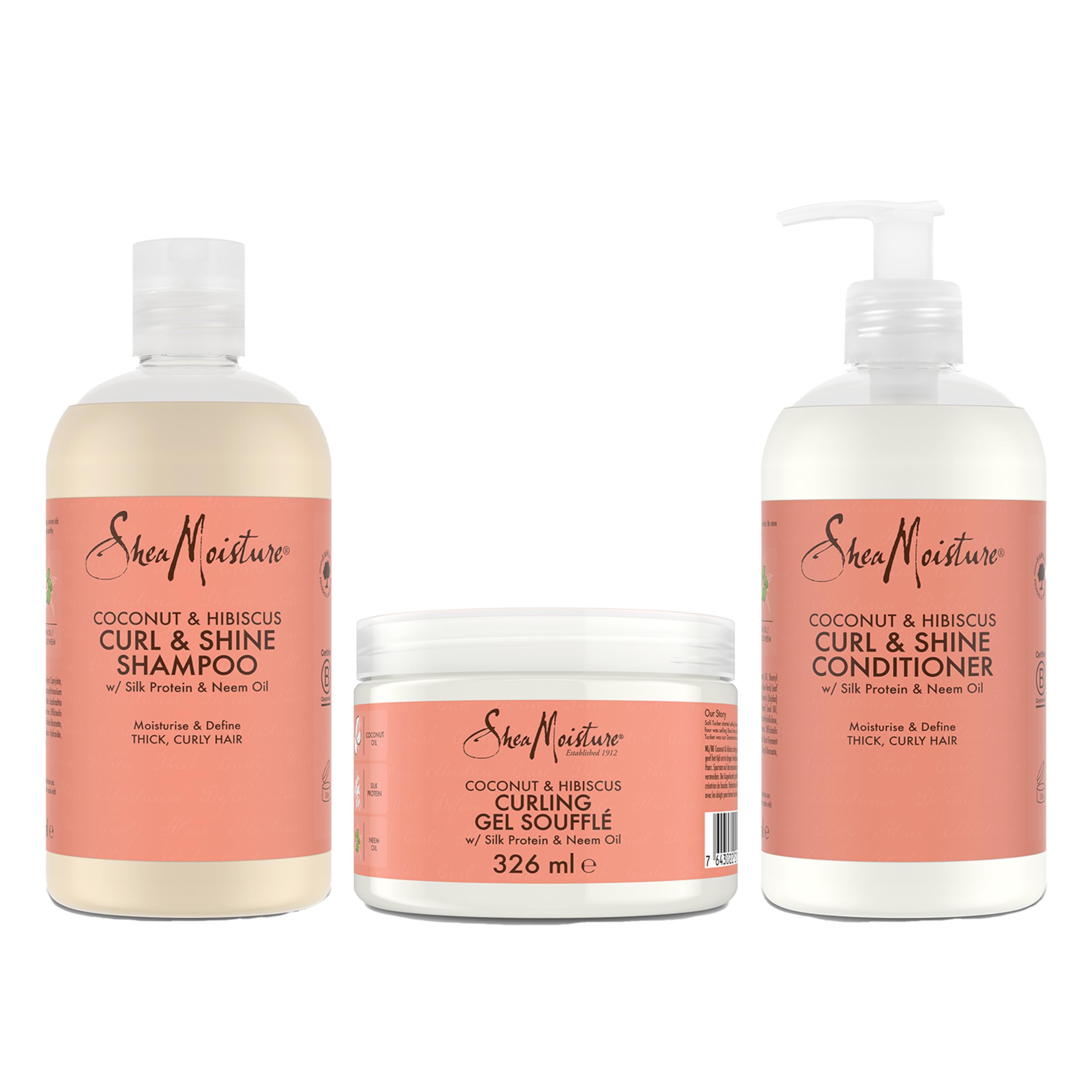 SheaMoisture Coconut & Hibiscus Curl & Shine Shampoo, Conditioner & Curling Gel Soufflé - 3-teiliges Set