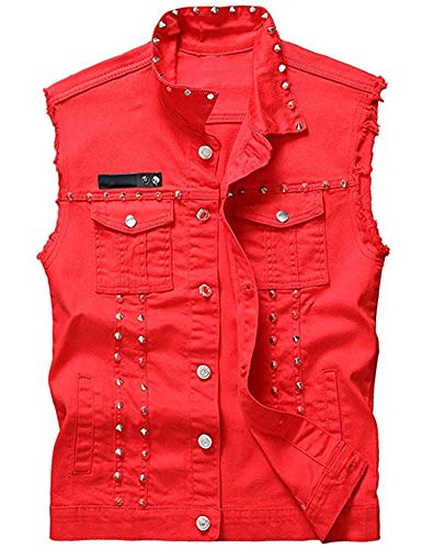 Idopy Herren Slim Fit Punk Denim Weste Ärmellose Jeans Weste Jacke mit Nieten Rot XL