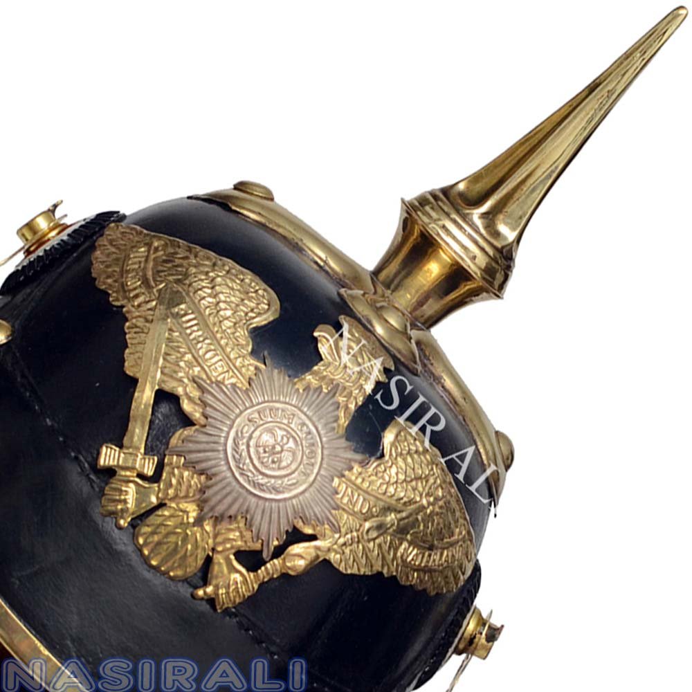 NASIR ALI WWI Deutscher Preußischer Helm Leder Pickelhaube Helm mit Messing Kinnriemen