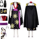 Anime One Piece Boa Hancock Karneval Verkleidung mit Perücke Ohrstecker, Schwarz Einmantel Gewand komplett Set Outfit, Frauen Mädchen Halloween Verkleidung Anzug,Black,L