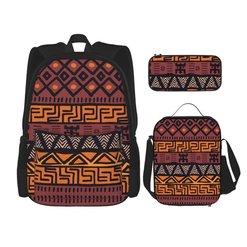 WURTON Rucksack mit afrikanischem Schlammstoff, Tribal-Druck, Schultasche, mit Lunchtasche, Federmäppchen, Kombinations-Schultaschen-Set