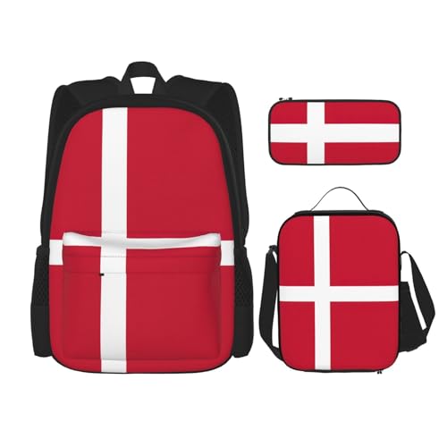 WURTON Trendiger Rucksack mit dänischer Flagge, Lunchbox, Federmäppchen, 3-in-1, verstellbares Rucksack-Set