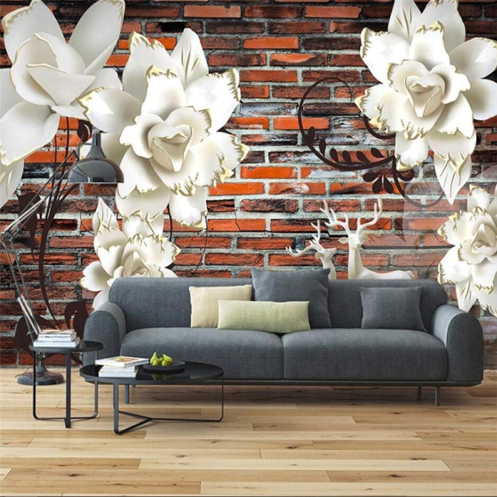 Cubic White Flower Elk Red Brick 3D Tapete Poster Restaurant Schlafzimmer Wohnzimmer Sofa TV Dekorative Wand-400cm×280cm