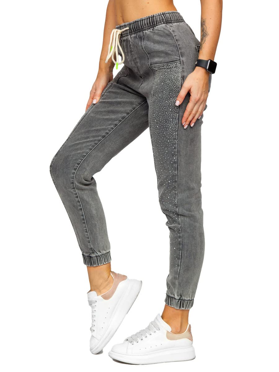 BOLF Damen Jeanshose Jeans Used Look Mom Jeanspants Boyfriend Cut Destroyed Denim Style Regular Fit Freizeit Casual Style BF108 Dunkelgrau XL [F6F]