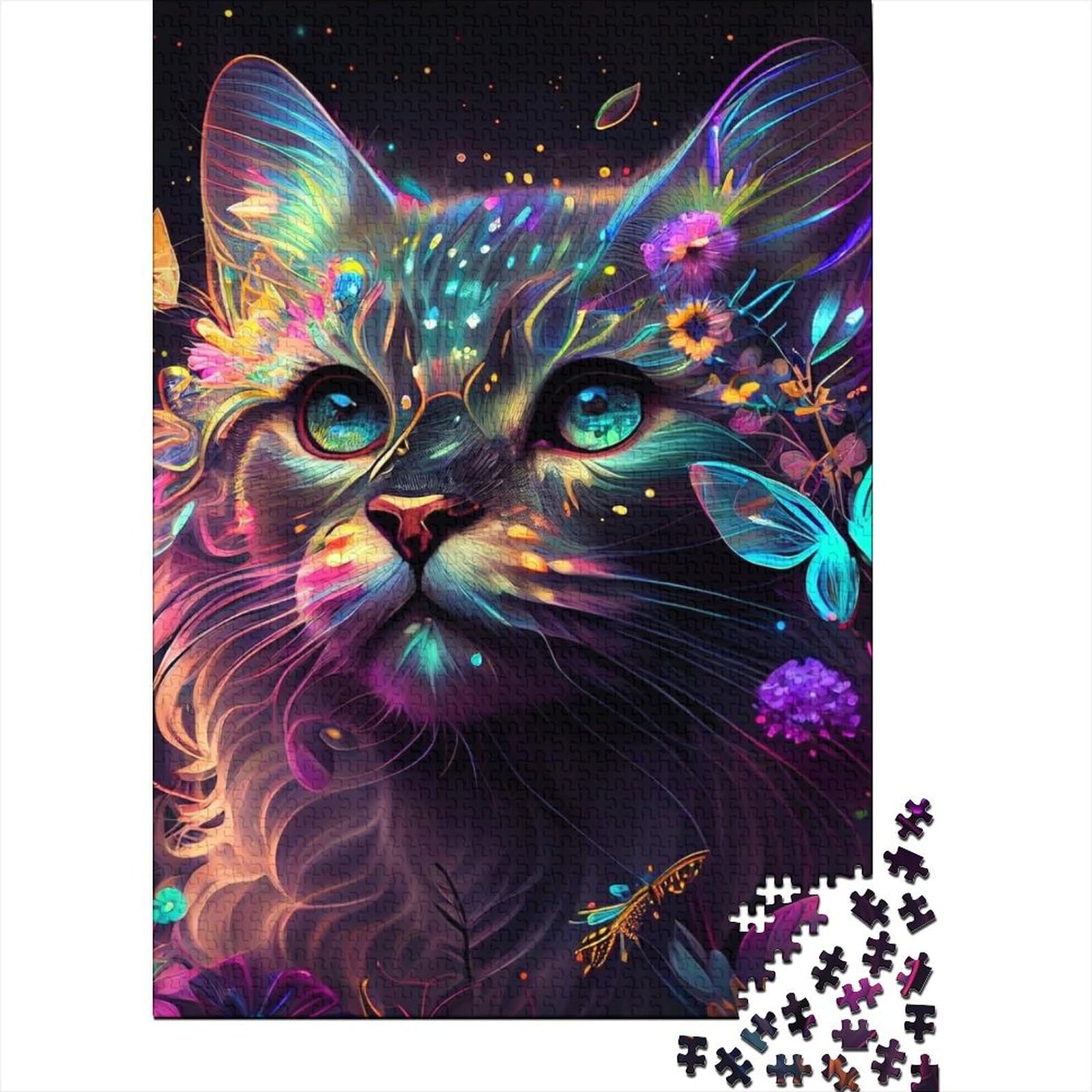 Bunte Katzen und Schmetterlinge, Holzpuzzle für Erwachsene, Puzzlespielzeug, Kunstpuzzle für Erwachsene, 1000 Teile, Holzpuzzle für Erwachsene und Teenager 29,53x19,69 Zoll