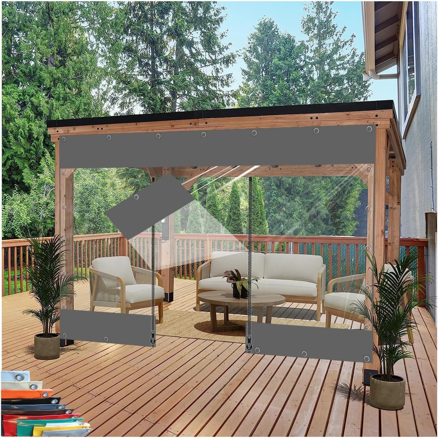 Planenvorhänge für den Außenbereich, mit Reißverschlusstür, 0,5 mm Dicke, transparente, wasserdichte Planenseitenwände aus PVC mit Ösen, für Pergola, Terrasse, Veranda, Pavillon, Carport, gr