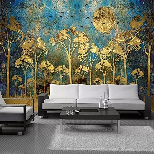 XLMING Abstrakt Goldener Wald Baum Vogel Hirsch Wandkunst Küche Esszimmer Arbeitszimmer Wohnzimmer TV Hintergrund Wand 3D Tapete-200cm×140cm