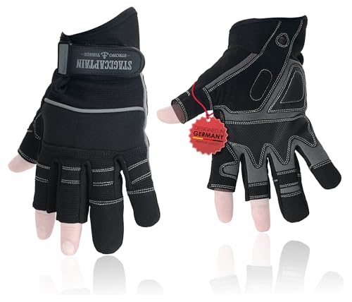 Stagecaptain RGL-2F Rigger Handschuhe 5x Set - Arbeitshandschuhe für Herren - Größe L - kurze Finger und Innenfläche aus Kunstleder - Aufgesetzte Verstärkungen - Schwarz/Grau