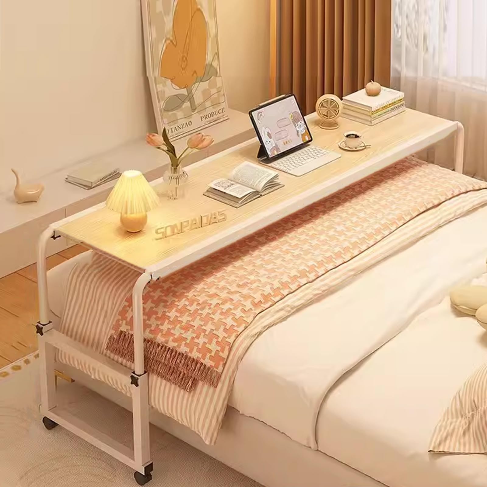 Überbetttisch mit Rollen, Rolltisch fürs Bett, Verstellbarer Überbetttisch, Schreibtisch über dem Bett, Kingsize-Bett, Laptoptisch, Schreibtisch über dem Bett für das Home-Office (Farbe: Holzfarbe,