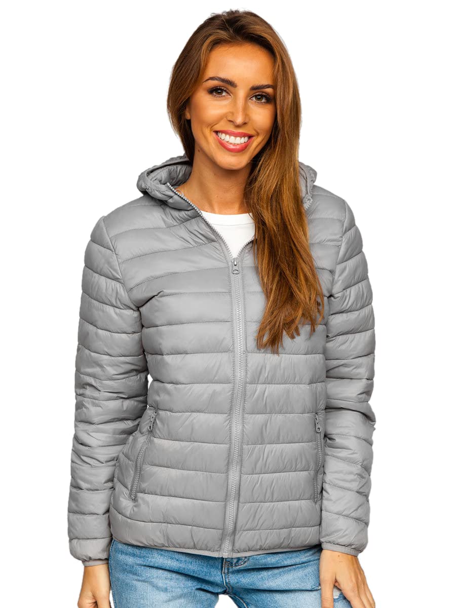 BOLF Damen Übergangsjacke Steppjacke mit Kapuze Daunenjacke Reißverschluss Sportjacke Zip Wärme Freizeit Outdoor Basic Casual Style M23036 Grau S [D4D]