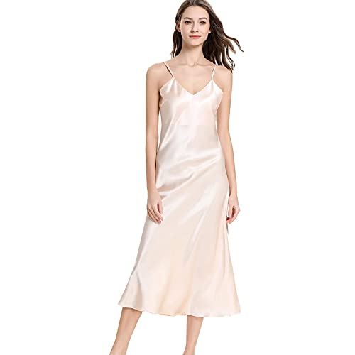 BANLUX Damen Nachthemd - Modisches Elegantes Satin-Nachthemd Für Damen, Langes Slip-Schlafkleid, Seide, V-Ausschnitt, Nachtwäsche, Einfarbig, Nachtwäsche, Stil A, S