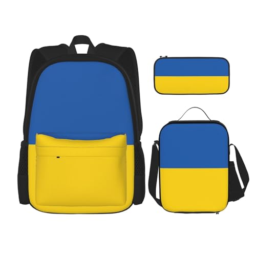 WURTON Trendige Rucksacktaschen und Federmäppchen mit Flagge der Ukraine, 3-in-1, verstellbares Rucksack-Set, Schwarz , Einheitsgröße