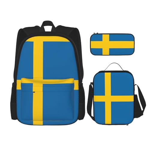 WURTON Schulter-Rucksack mit schwedischer Flagge, 3-in-1, Büchertaschen-Set, Lunchbox, Federmäppchen, Reise-Laptop-Tagesrucksäcke, Schwarz, Einheitsgröße