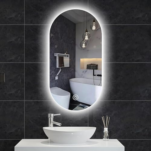 Rahmenloser LED-Badezimmerspiegel, 40 x 80 cm, oval, dekorativer Spiegel, Schminkspiegel, mit 3-Farben-Beleuchtung, stufenlos dimmbar, Single Touch, IP44, HD/Explosionsgeschützt