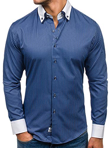 BOLF Herren Hemd Langarmhemd Gastreift Langarm Slim Fit Casual Style 0909-A Dunkelblau M [2B2]