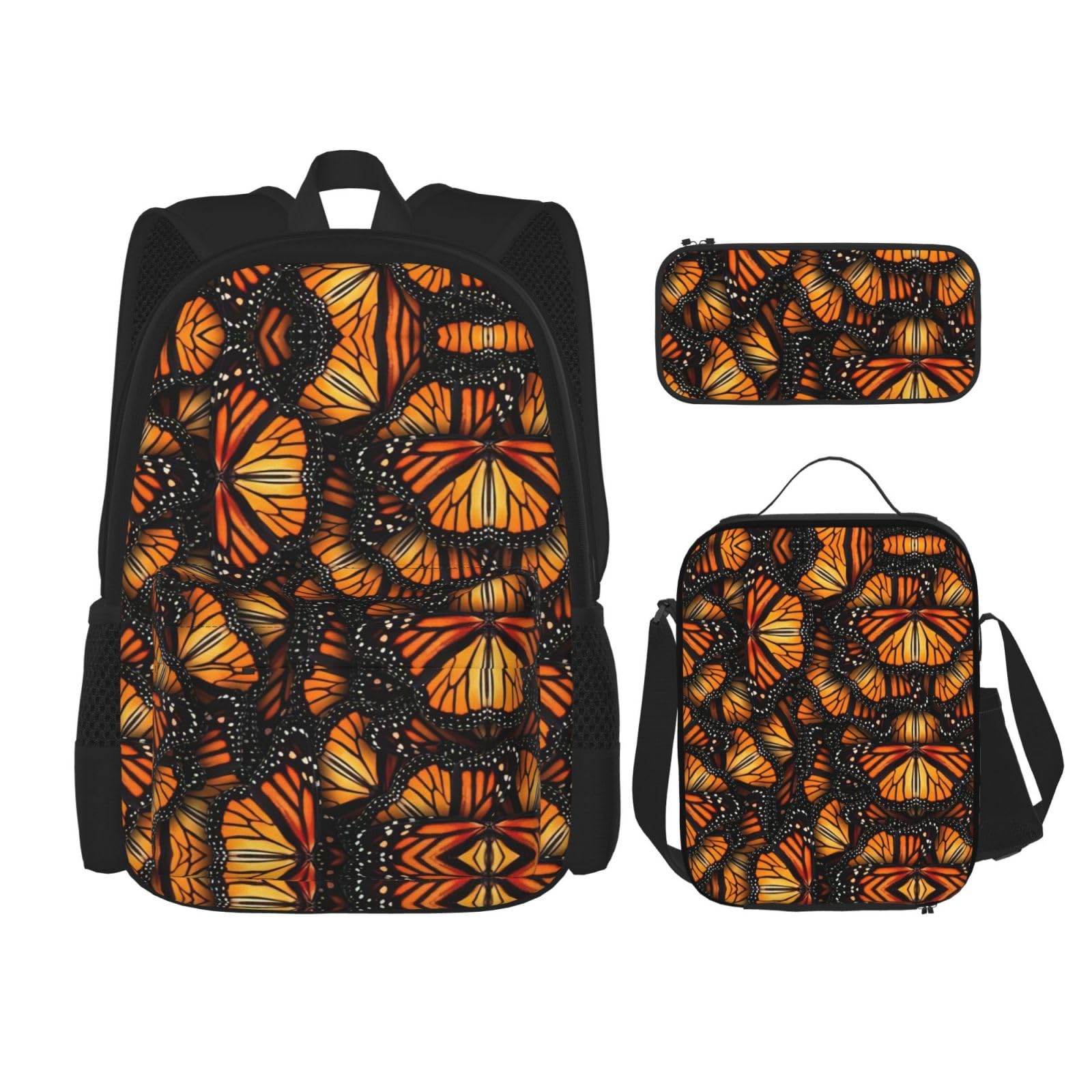 WURTON Heaps Of Orange Monarch Butterflies Print 3-in-1 Büchertaschen-Set, verstellbarer Schulter-Rucksack, Lunch-Tasche, Federmäppchen, Beutelbox, Schwarz, Einheitsgröße