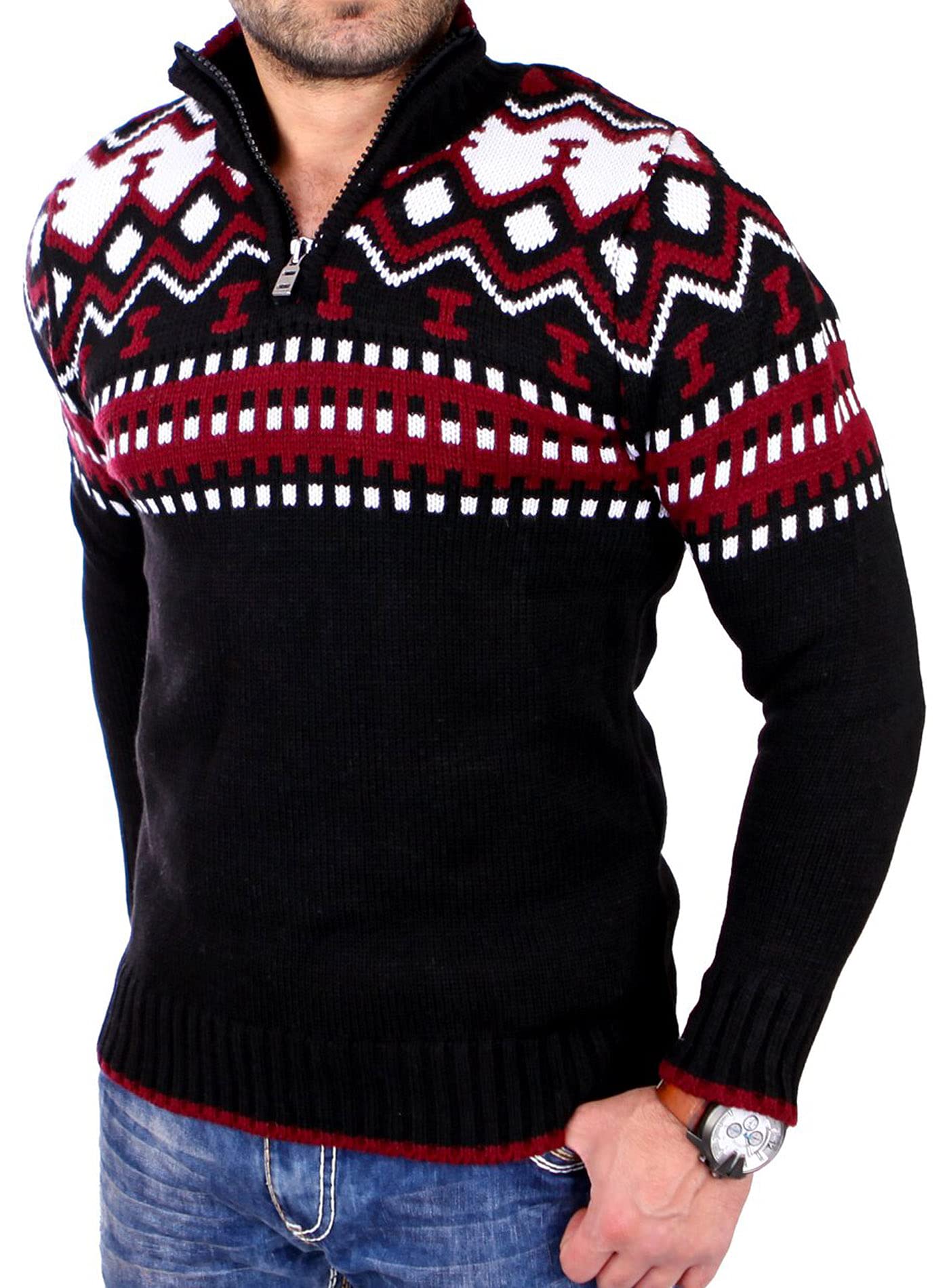 Reslad Herren Strickpullover Crewneck Zipper Winterpullover für Männer Norweger Pullover RS-3110 (L, Schwarz-Rot)