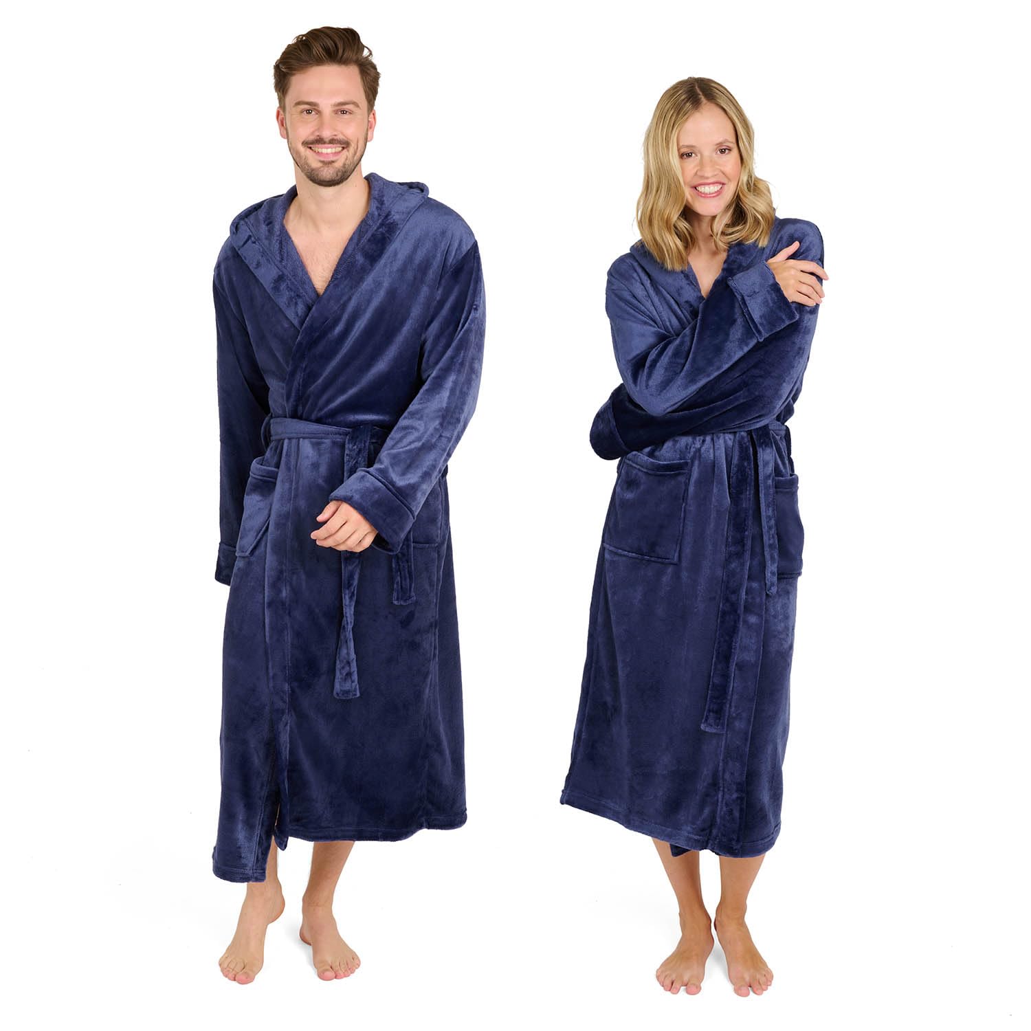 Blumtal Bademantel Damen und Herren - kuschelig weicher Fleece Bademantel mit Kapuze & praktischen Fronttaschen, Oeko-TEX® Zertifiziert, Größe XL, Farbe Dunkelblau