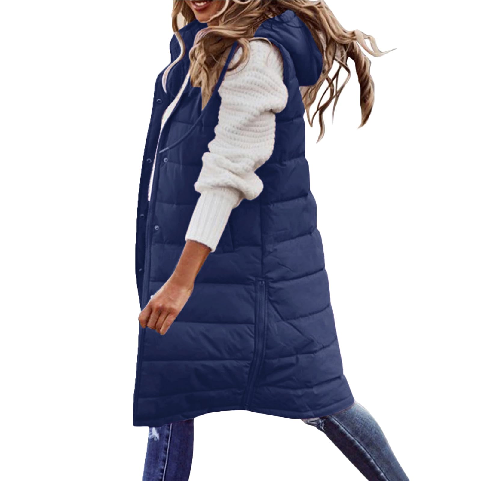 CSHE Wintermantel Damen Lang, Warm Steppmantel mit Kapuze, Daunenmantel Gefüttert Elegant Steppjacke Winterjacke, Ärmellose Weste mit Taschen und Kapuze