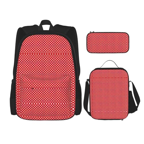 WURTON Reise-Lunchbox, Federmäppchen, Rucksack-Set, 3-teilig, verstellbare Riemen, Rot und Weiß, gepunktet, leicht, Schwarz, Einheitsgröße