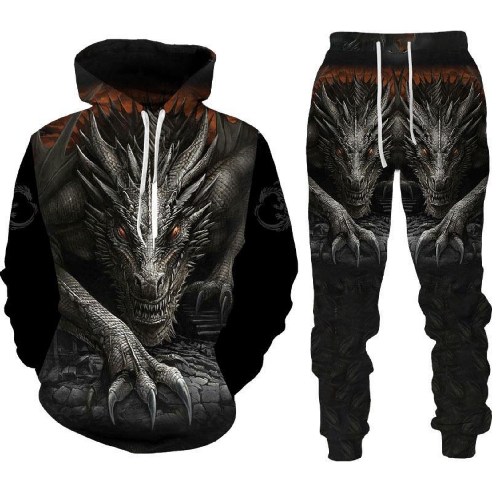 RIAAJ Männer Chinesischer Drache Hoodie 3D Gedruckt Lose Pullover Chinesischer Drache Sport Shirt Jogging Anzug Sport Set (F3,L)