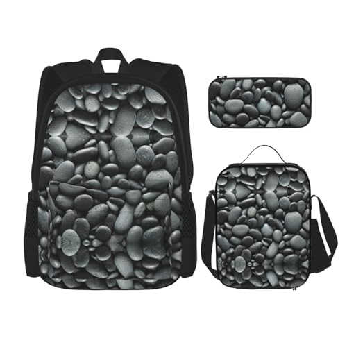 WURTON Rucksack mit vielen schwarzen Kieselsteinen, 3-in-1, Büchertaschen-Set, Lunchbox, Federmäppchen, Reise-Laptop-Tagesrucksäcke, Schwarz, Einheitsgröße