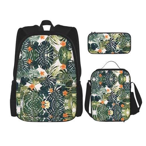 WURTON Tropischer Sommer, Hawaii-Blume, Palmblätter, Druck, Reise-Lunchbox, Federmäppchen, Rucksack-Set, 3-teilig, verstellbare Riemen, leicht, schwarz, Einheitsgröße, Schwarz , Einheitsgröße