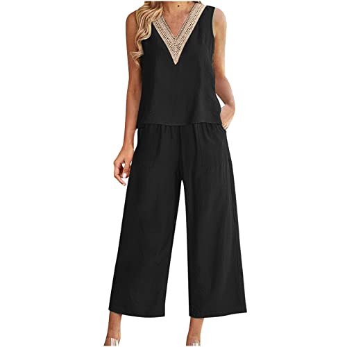 Hosenanzug Damen Geschenke für Frauen 2 Teilige Outfits Lässige 3/4 Hose Sets Leinen Crop Top Weite Caprihose Trainingsanzüge mit Taschen 2023 Sommer Leinenhose Festlich Sportlich Hosenänzug