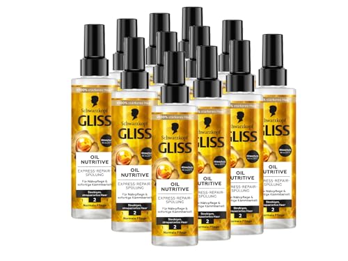 Gliss Express-Repair-Spülung Oil Nutritive (12x 200 ml), Haarspülung nährt strohiges, strapaziertes Haar, Pflegespülung mit Hitzeschutz bis zu 230 °C