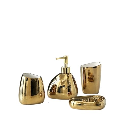 AMEEDA Badezimmer Set Keramik Badezimmer Zubehör Set Luxus Badezimmer Eitelkeit Arbeitsplatte Set Seife Spender Zahnbürste Halter Seife Schale Badezimmer Badezimmer Set Akazie(Gold 4pcs Set)