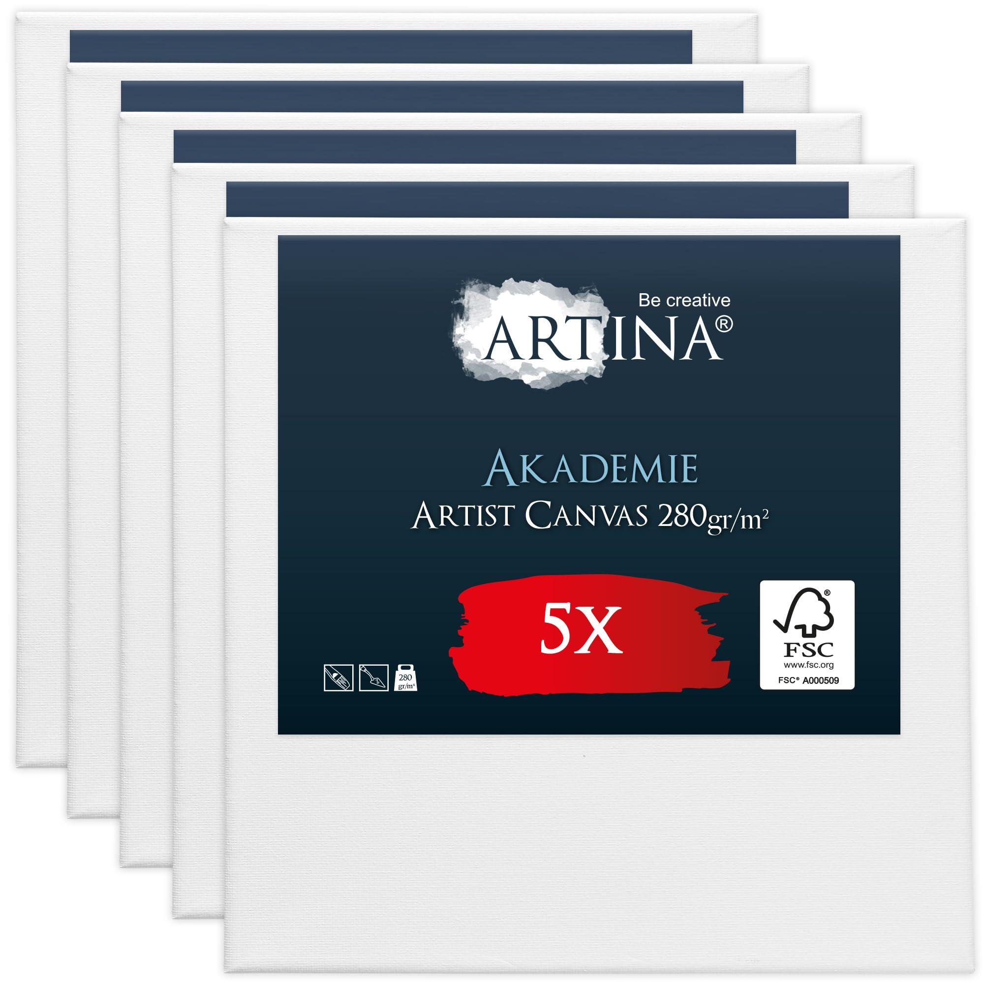 Artina FSC® Keilrahmen 5er Set Akademie 50x50 cm – Leinwand Set Maltuch aus 100% Baumwolle Leinwände 280 g/m² - Keilrahmenset Leinwand zum Bemalen für Acryl-, Aquarell-, Ölfarbe UVM