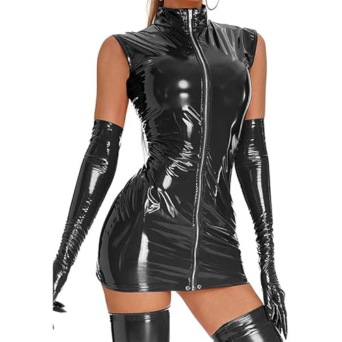 MAUXpIAO Kleid Damen Sexy Minikleid Langarm Kurz Enganliegend Partykleid Figurbetontes Bodycon Kleider mit Reißverschluss Lackleder Party Gogo Club Latex Kostüm spitze/G/XL